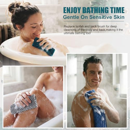 Chumia 3 Pcs Dual-Textured Exfoliating Washcloth Towel 35.4'' Body Back Scrubber with Handle Japanese Exfoliating Shower Towel Exfoliator Exfoliate Loofah Luffa Sponge for Women Men Bath, Colorful - color: Charcoal Green, Blue, Black