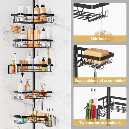 DAOYA Adjustable Tension Pole Shower Caddy, 5-Tier Stainless Steel Shower Shelf Organizer with 2 Movable Toothbrush Holders, 25-115 Inches Extendable Bath Tub Conner Storage Shelf for Family, Black - color: Black-5