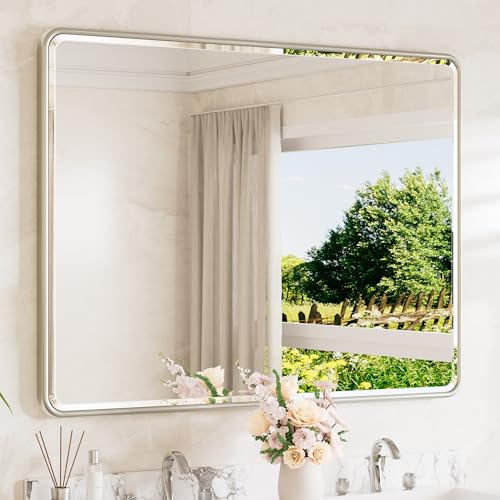 Brushed Nickel Wall Mirror 48 x 36 Beveled Edge Tempered Glass, Rounded Corner Rectangle Framed Mirror for Modern Bathroom, Living Room, Bedroom, Entryway - color: Brushed Nickel, size: 36"L x 48"W