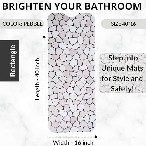 ENKOSI Non-Slip Bath & Shower Mat 40x16 Extra Long, Suction & Drain Holes | Pebble spa look; Durable PVC; 40x16 in, Pebble - color: Pebble
