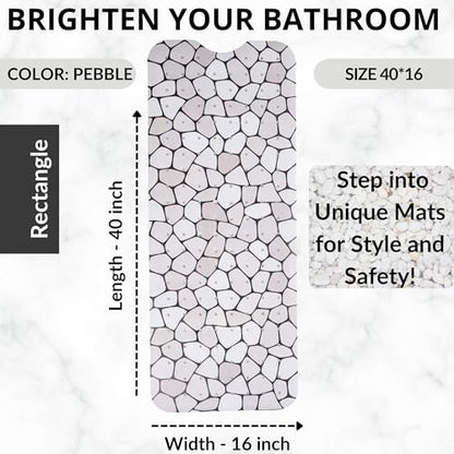 ENKOSI Non-Slip Bath & Shower Mat 40x16 Extra Long, Suction & Drain Holes | Pebble spa look; Durable PVC; 40x16 in, Pebble - color: Pebble
