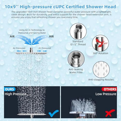 Hibbent All Metal CUPC Certified 10'' Rain Shower Head, Dual Shower Head Combo, High Pressure Handheld 4 Sprays Shower Wand, 16'' Adjustable Extension Arm, 71'' Hose, Shower Holder, Chrome - color: Chrome, style: Square 10''