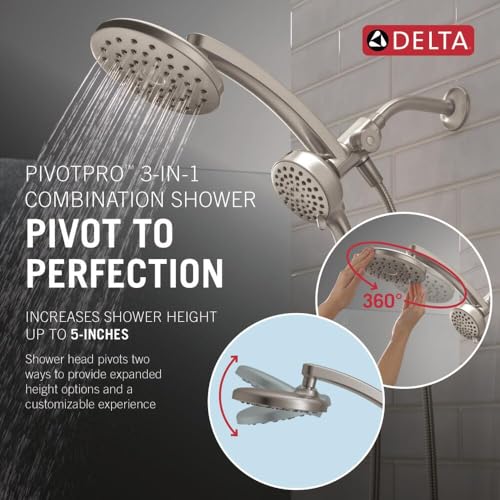 Delta 6-Setting PivotPro 3-in-1 Combination Shower Head with ProClean Spray, Brushed Nickel Round Shower Head Rainfall with Handheld Spray, 1.75 GPM, SpotShield Brushed Nickel 75649SN - color: Spotshield Brushed Nickel