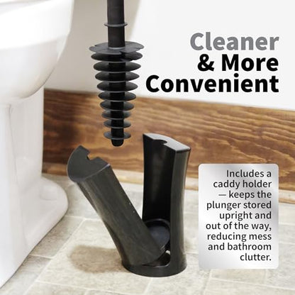 ToiletShroom Revolutionary Plunger, Squeegee, Clog Remover, Drain Cleaner, Bathroom Toilet Dredge Tool, Stainless Steel Handle with Caddy Holder, Оne Расk, Black