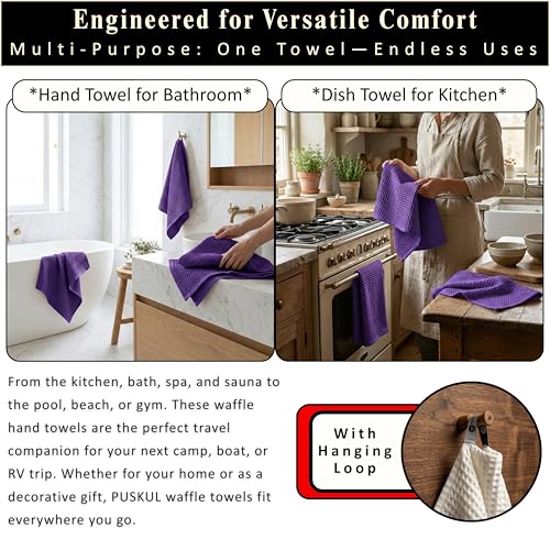 PÜSKÜL Natural 100% Turkish Cotton Waffle Kitchen Towels Set of 3 | Oeko-Tex, Premium Waffle Hand Towels for Bathroom | Soft Absorbent Quick-Dry Lint-Free Dish Towel Large 32x16 inch (3, Lilac) - color: Lilac