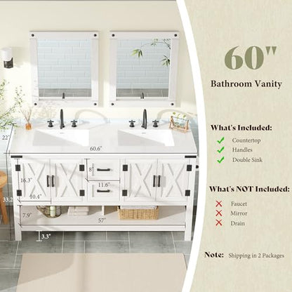 AMERLIFE 60" White Farmhouse Double Sink Bathroom Vanity, Solid White Top | Antique White, Solid White Integrated Top, Moisture-Resistant MDF, 4 X-Panel Doors, 2 Drawers, Open Shelf, Paper Towel Holder - color: Antique White, size: 60”