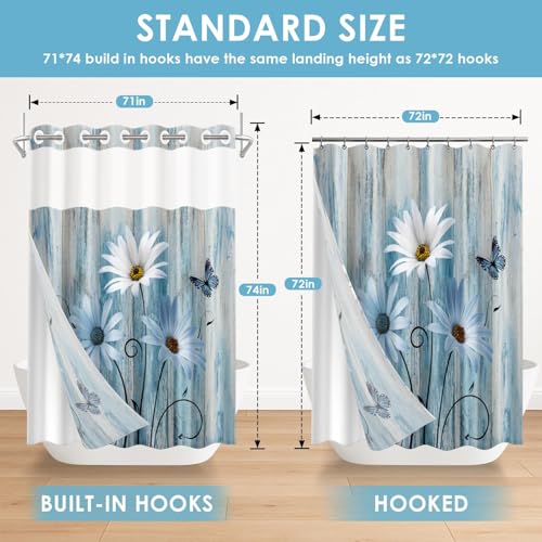 No Hook Shower Curtain with Snap in Liner 71x74 Inch Daisy Floral | Wooden Rustic Blue Modern Double Layers Waterproof Fabric with See Through Top Window Open Grommet Bath Curtain - color: Blue Daisy 2, size: 71"W x 74"L (Pack of 1)