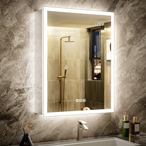 24x32 Medicine Cabinet Mirror with Double Lights & Clock, Front+Backlit Surface or Recessed Fogless Lighted Medicine Cabinet Mirror, 155°Soft-close Right Hinge,Time-Display,Outlet,Inner Light - size: 24x32'' (Right Hinge)