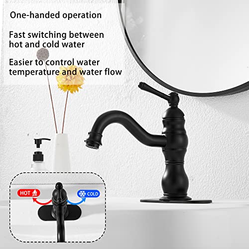 Matte Black Bathroom Faucet GGStudy 360° Swivel Bathroom Vanity Faucet Single Handle One Hole Black Bathroom Sink Faucet Basin Matching Pop Up Drain with Overflow - color: Black, size: Short