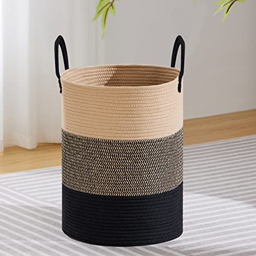 VIPOSCO 58L Tall Woven Laundry Basket Hamper, Brown Black | Cotton rope laundry hamper, collapsible wicker basket, storage for blanket, toys, dirty clothes, for bedroom, bathroom - color: Brown & Black, size: 58L