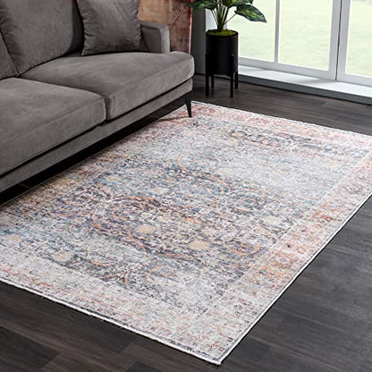Bloom Washable Non-Slip 2x3 Blue/Red Boho Rug - Bathroom, Kitchen, Entryway - color: Ocean Blue / Brick, size: 2' x 3' (Rectangular)