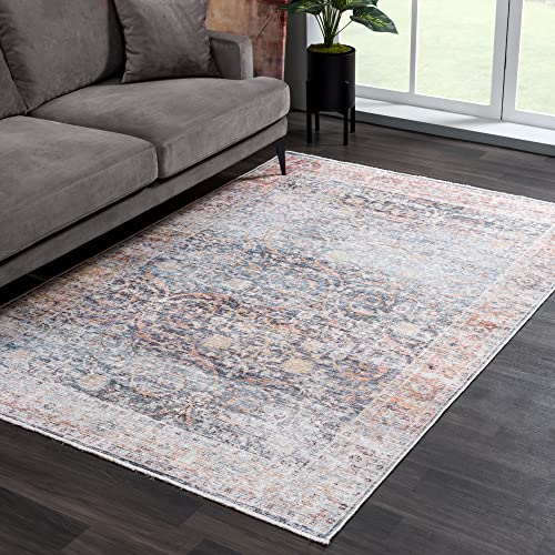 Bloom Washable Non-Slip 2x3 Blue/Red Boho Rug - Bathroom, Kitchen, Entryway - color: Ocean Blue / Brick, size: 2' x 3' (Rectangular)