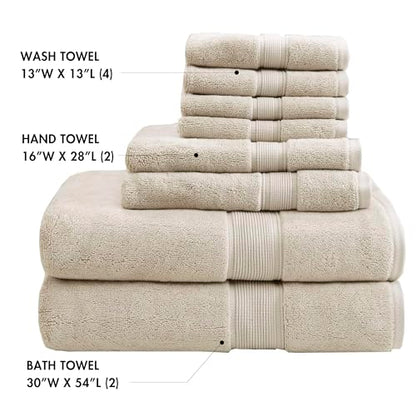 Madison Park 800GSM 100% Cotton Bathroom Bath Towel Set of 8, Natural | Long Staple, Highly Absorbent, Durable Hotel Spa Quality, Quick Dry, Double Stitched Hems, Lint Reducing, OEKO-TEX Certified - color: Natural, size: Multi-Sizes