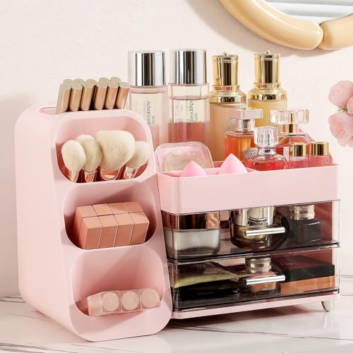 Aveniee Makeup Organizer with Drawers, Vanity Organizer for Bathroom Countertop, Large Cosmetics Skincare Display Case Desk Storage for Perfume Jewelry Lipsticks (Pink) - color: Pink