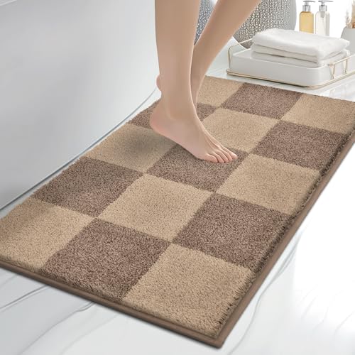Bathroom Rugs, 20" x 30" Soft Bath Rugs, Checkered Grayish Brown & Coffee | Non-Slip, Super Absorbent, Machine Washable, Quick Dry, Bath Mats for Shower and Bathtub, TPR Backing - color: Checkered-grayish Brown & Coffee, size: 20" X 30"