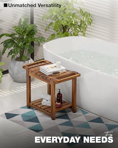 Bluewest 23.4 Inch Shower Bench with Storage Shelf, Natural Wood and Handle | Waterproof Bathroom Spa Bench for Sitting Inside the Shower and Shaving Legs, with a Built-In Handle and Shower Head Holder. - size: 2 Tier - Natural