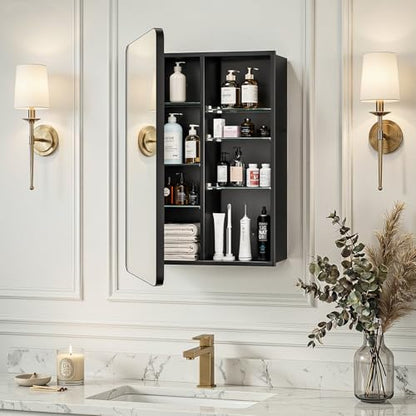 20x26 Black Medicine Cabinet with Mirror, Recessed & Surface Mount | Bathroom mirror with storage: 6 independently adjustable shelves fit tall bottles; soft-close hinges; rustproof aluminum - size: 20" x 26"