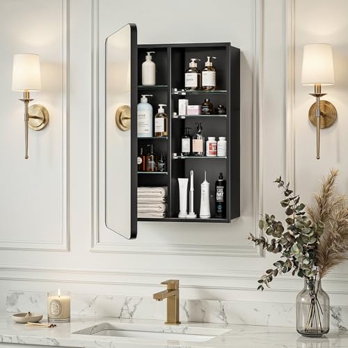 20x26 Black Medicine Cabinet with Mirror, Recessed & Surface Mount | Bathroom mirror with storage: 6 independently adjustable shelves fit tall bottles; soft-close hinges; rustproof aluminum - size: 20" x 26"