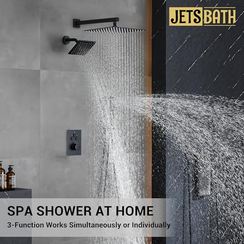 Thermostatic Dual Shower System, Rain Shower Faucet(Matte Black) | 12 Inch Rianfall Shower Head, 6 Inch Wall Mount Head, High Pressure Handheld Sprayer, Push Button Valve - color: Matte Black