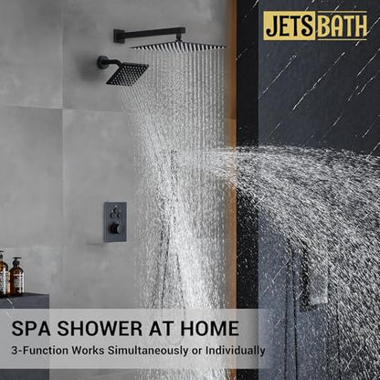 Thermostatic Dual Shower System, Rain Shower Faucet(Matte Black) | 12 Inch Rianfall Shower Head, 6 Inch Wall Mount Head, High Pressure Handheld Sprayer, Push Button Valve - color: Matte Black