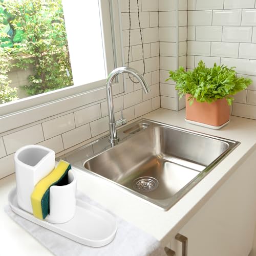 3 in 1 Ceramic Kitchen Sink Caddy Dish Sponge Holder Scrub Brush Holder and Soap Tray for Kitchen Organizer White Rustic Farmhouse Supplies(White) - color: white