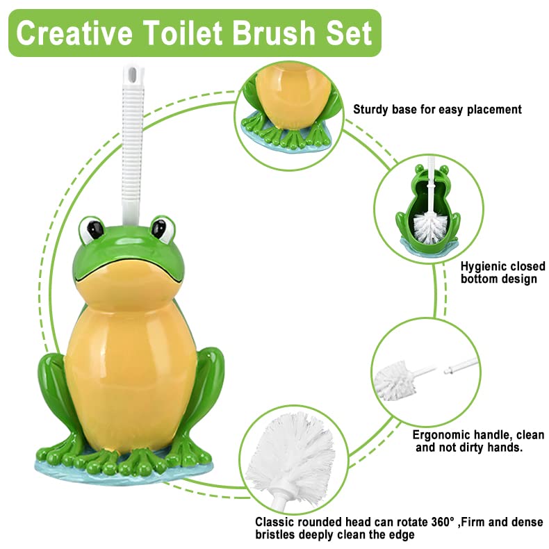 Plplaaoo Toilet Brush and Holder Set, Cute Frog Shaped Toilet Bowl Brush with Ventilated Drying Holder for Small Spaces & RV, Toilet Bowl Brush Holder Set, Flexible Toilet Cleaning Brush & Scrubber