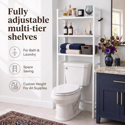 BAMBANG Over The Toilet Storage Rack, 3-Tier Over The Toilet Storage Shelf with 3 Hooks, Freestanding Above Toilet Bathroom Organizer Shelves for Space Saver Storage, Bamboo White