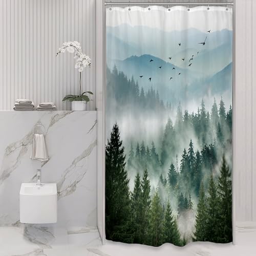 Small Stall Mountain Shower Curtain Outdoor Green Rv Single Shower Curtain | 36Wx72H Inch Rustic Foggy Misty Nature Bathroom Decor Fabric Polyester Waterproof - color: A-01green, size: 36"W x 72"L (Pack of 1)