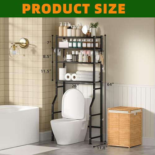 GloTika 4-Tier Over Toilet Storage, Anti-Tilt, 64" H, Black | Anti-Tilt Safety System, 150lb Capacity, Carbon Steel, Freestanding, No Drilling, Anti-Rust Coating, Paper Holder & 4 Hooks - color: Black, size: 4-Tier
