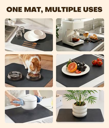 Dish Drying Mat 16 x 24 Inch, Super Absorbent & Quick Dry Kitchen Counter Mat, Hide Stain, Rubber Backed, Non-Slip Drying Pad for Dishes, Coffee Bar Accessories, Dark Gray