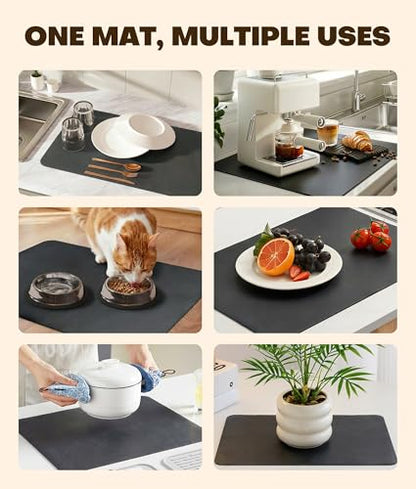 Dish Drying Mat 16 x 24 Inch, Super Absorbent & Quick Dry Kitchen Counter Mat, Hide Stain, Rubber Backed, Non-Slip Drying Pad for Dishes, Coffee Bar Accessories, Dark Gray