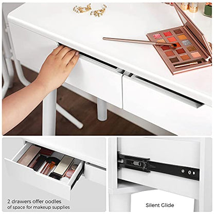VASAGLE Makeup Vanity Set with 10 Light Bulbs and Touch Switch, Dressing Makeup Table Desk with Large Round Mirror, 2 Sliding Drawers, 1 Cushioned Stool, White URDT11WL - style: 31.5"W 2 Drawers Vanity Desk - White