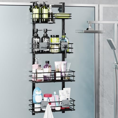 Orimade Over The Door Shower Caddy Adjustable 4 Tier Black,Bathroom Hanging Organizer Shelf Rustproof with 4 Hooks,Shower Basket with Soap Holder and Suction Cup - color: Black-4T