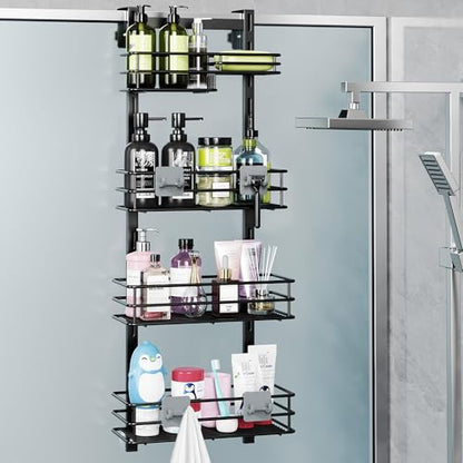 Orimade Over The Door Shower Caddy Adjustable 4 Tier Black,Bathroom Hanging Organizer Shelf Rustproof with 4 Hooks,Shower Basket with Soap Holder and Suction Cup - color: Black-4T