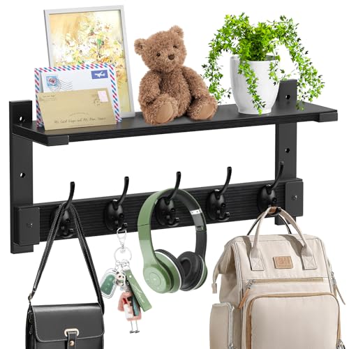 Oraich Wall Hooks with Shelf, Coat Rack Wall Mount, Entryway Hanging Shelf for Clothes Backpack Key Purse, Shelf with Hooks Hanging in Living Room, Bathroom, Bedroom, Kitchen - color: Black, size: 17” - 1 pack