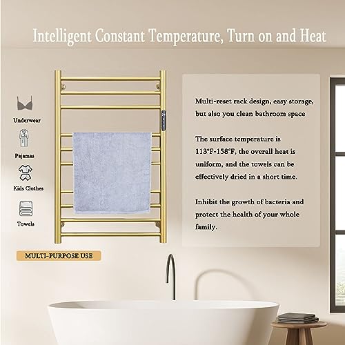 Electric Towel Warmer Gold,Heated Towel Rack Free Standing & Wall Mounted Towel Racks for Bathroom 304 Stainless Steel Radiator 10 Bars Bath Towel Heater with Built-in Timer,Plug-in - color: Gold