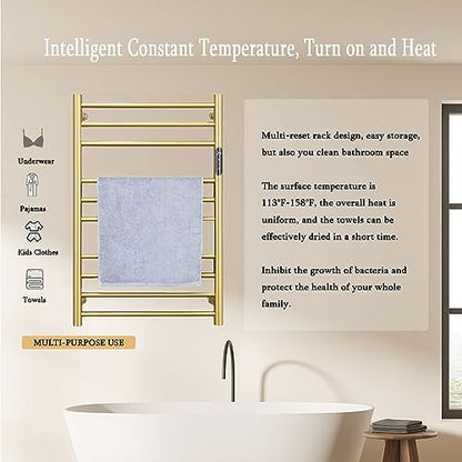 Electric Towel Warmer Gold,Heated Towel Rack Free Standing & Wall Mounted Towel Racks for Bathroom 304 Stainless Steel Radiator 10 Bars Bath Towel Heater with Built-in Timer,Plug-in - color: Gold