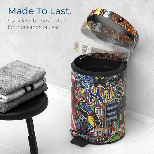 Sanilo Small Bathroom Trash Can with Lid [1.3 Gallon] - Lidded Tiny Trashcan for Garbage - Mini Metal Bin with Soft Closing Mechanism - Bath Room Accessoire Wastebin with Inner Bucket (Graffiti) - color: Graffiti