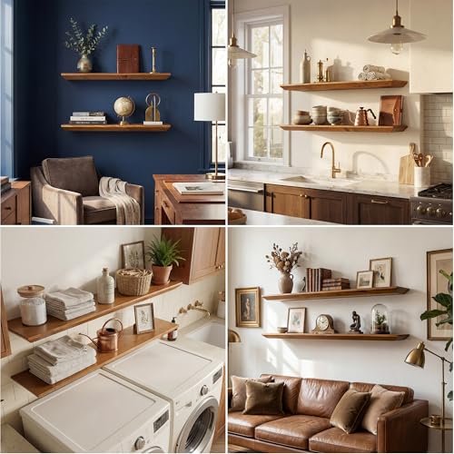 Acovy 36in Solid Spruce Wood Floating Shelves with Beveled Bottom Edges, Wooden Floating Shelf with Heavy-Duty Bracket for Living Room Bathroom Bedroom Kitchen, Rustic Light Brown, Set of 2 - color: Rustic Light Brown, size: 36"-2 Packs