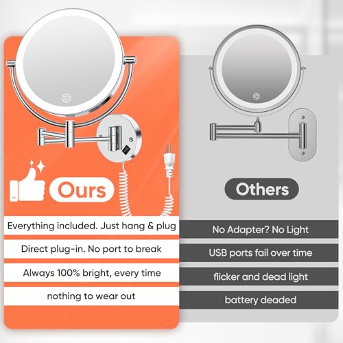 FUNTOUCH AC Plug in Powered 1X/30X Wall Mounted Makeup Mirror with Lights | Double Sided 1X/30X Magnifying,3 Color Lights,Touch Dimmable, Extended Arm 360 Rotation Lighted Bathroom Mirror Magnification - color: Chrome