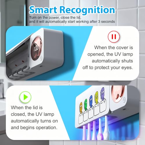 Toothbrush Holders Wall Mounted Name Labels No Drill for Family & Bathrooms | 5 name slots wall mount toothbrush holders, strong adhesive, fits electric/manual, 30-day bat, stops when open, HD display