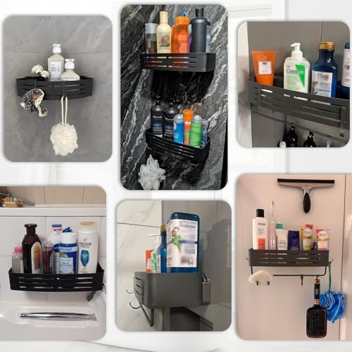 Onemake Suction Cup Shower Caddy, Shower Shelf, Bathroom Organizer, Gray | No-drill Rustproof Aluminum Removable Caddy with Hooks, Wall Mounted Shower Organizer, Corner Shampoo Holder for Bathroom - style: 1 Tier-Gray Square Caddy