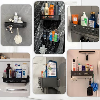 Onemake Suction Cup Shower Caddy, Shower Shelf, Bathroom Organizer, Gray | No-drill Rustproof Aluminum Removable Caddy with Hooks, Wall Mounted Shower Organizer, Corner Shampoo Holder for Bathroom - style: 1 Tier-Gray Square Caddy