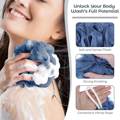 Rnoafmu Shower Loofah Bath Sponge 4 Pack (Blue Gray Green Dark Green) | 60G Luffa Exfoliating Body Scrubber, Mesh Shower Pouf Balls for Men and Women, Rich Lather with Body Wash - color: Blue Gray Green Dark Green