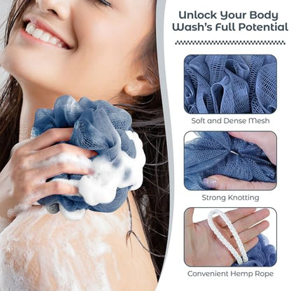 Rnoafmu Shower Loofah Bath Sponge 4 Pack (Blue Gray Green Dark Green) | 60G Luffa Exfoliating Body Scrubber, Mesh Shower Pouf Balls for Men and Women, Rich Lather with Body Wash - color: Blue Gray Green Dark Green