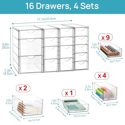 Vtopmart 4 Set Acrylic Desk Organizer with 16 Drawers for Office, Makeup | Clear Storage Drawers for Office Supplies, Desktop Organization for Makeup, Jewelry, Art Crafts, Bead, Pen, Stationary - style: B