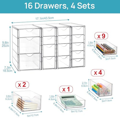 Vtopmart 4 Set Acrylic Desk Organizer with 16 Drawers for Office, Makeup | Clear Storage Drawers for Office Supplies, Desktop Organization for Makeup, Jewelry, Art Crafts, Bead, Pen, Stationary - style: B