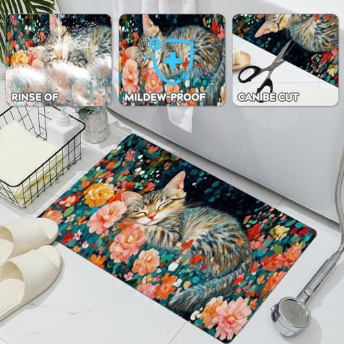 Bathroom Runner Mat Rugs Long,Cute Cat Kitten Pink Flower Design Diatomite Stone Bath Mat Large Absorbent Diatomaceous Earth Mat Non Slip Fast Dry Shower Mat Bathroom Rugs Floor Mat 16x42in - color: Design14