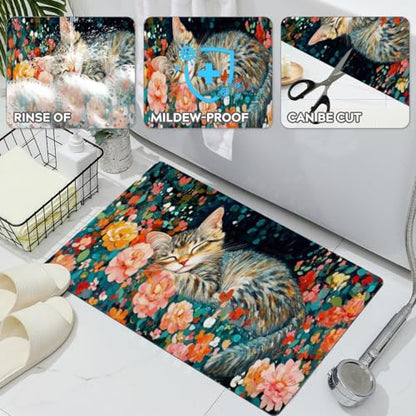 Bathroom Runner Mat Rugs Long,Cute Cat Kitten Pink Flower Design Diatomite Stone Bath Mat Large Absorbent Diatomaceous Earth Mat Non Slip Fast Dry Shower Mat Bathroom Rugs Floor Mat 16x42in - color: Design14