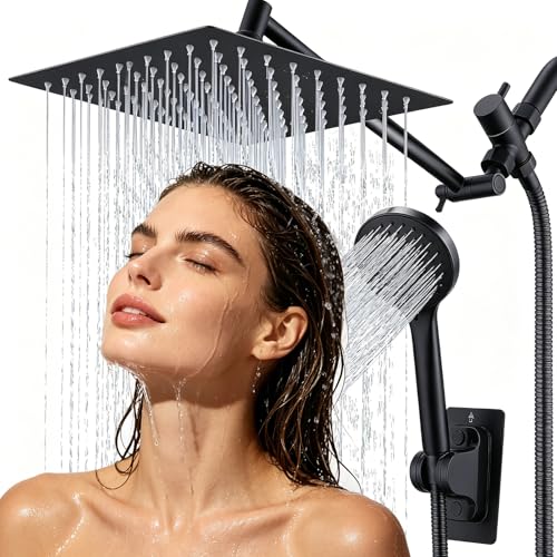 Peicuai Shower Head Combo, 10-Inch High-Pressure Rainfall Shower Head with 11-Inch Adjustable Extension Arm, 5-Setting Matte Black Handheld Shower with Long Hose, Powerful Spray for Low Water Pressure - color: 10-Inch Matte Black